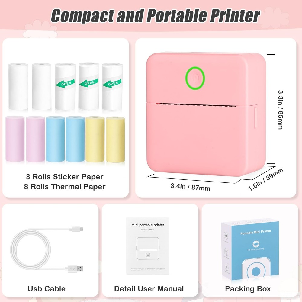 Mini Sticker Printer with 11 Rolls Paper, Bluetooth Inkless Printer Compatibl...