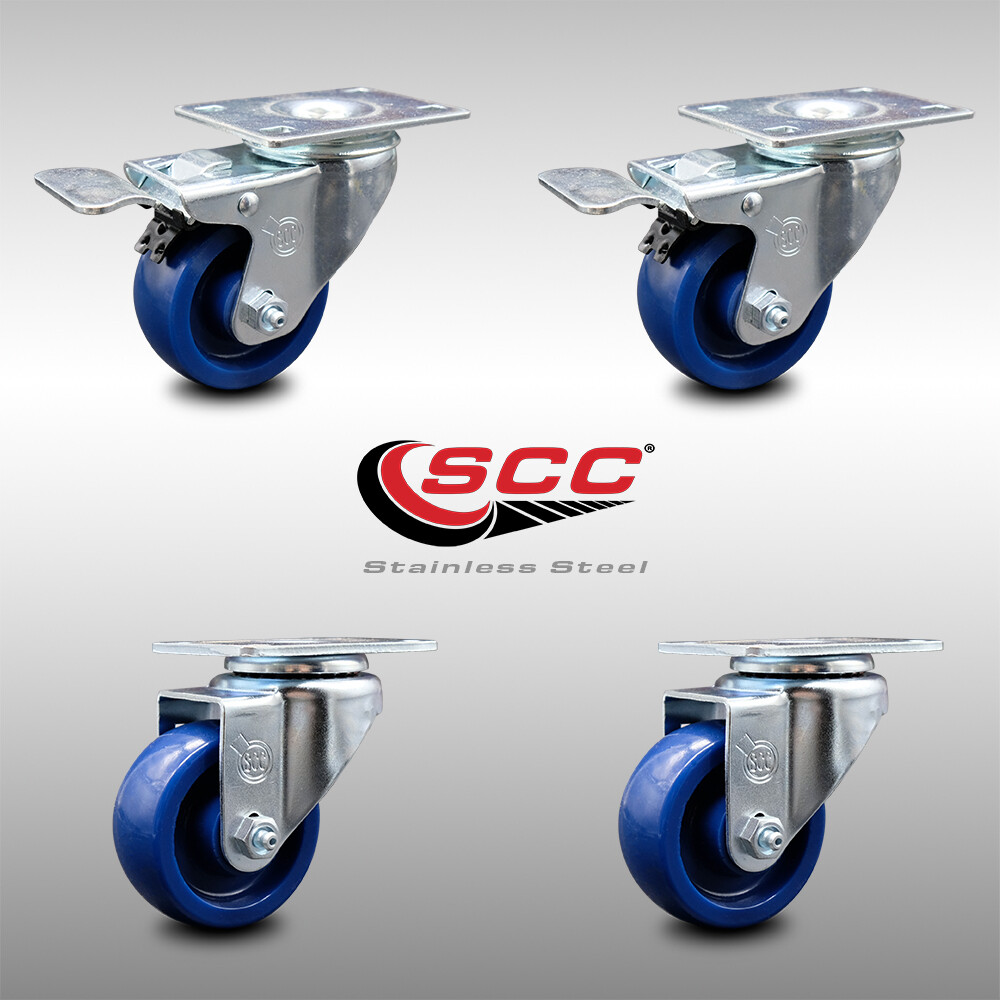 3.5 Inch SS Solid Polyurethane Top Plate Caster Set 2 Total Lock Brakes SCC