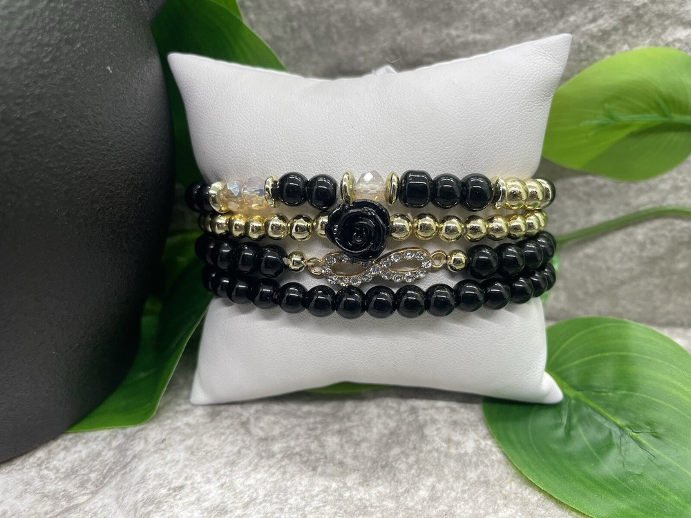 4 PC Handmade Boho Beaded Stackable 7” Plus Stretch Bracelet Set B2513