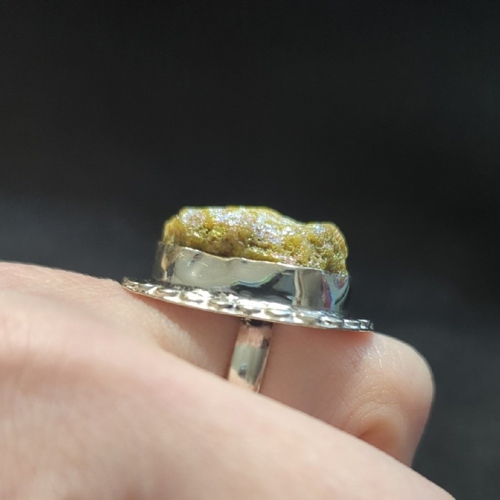 Silver Plated Yellow Druzy Quartz Gemstone Statement Ring - Size 7