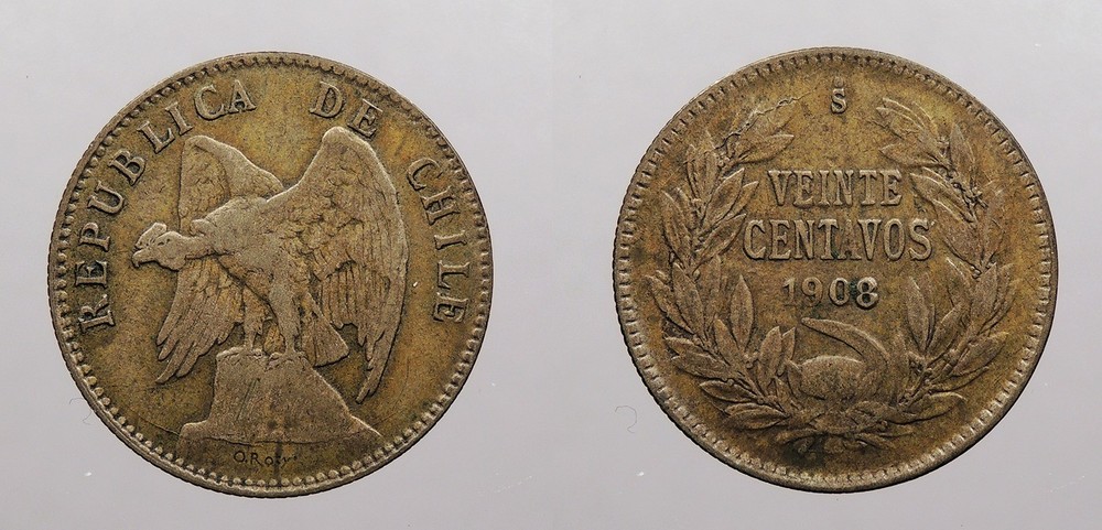 CHILE 1908/8 20 Centavos Overdate #WC108324