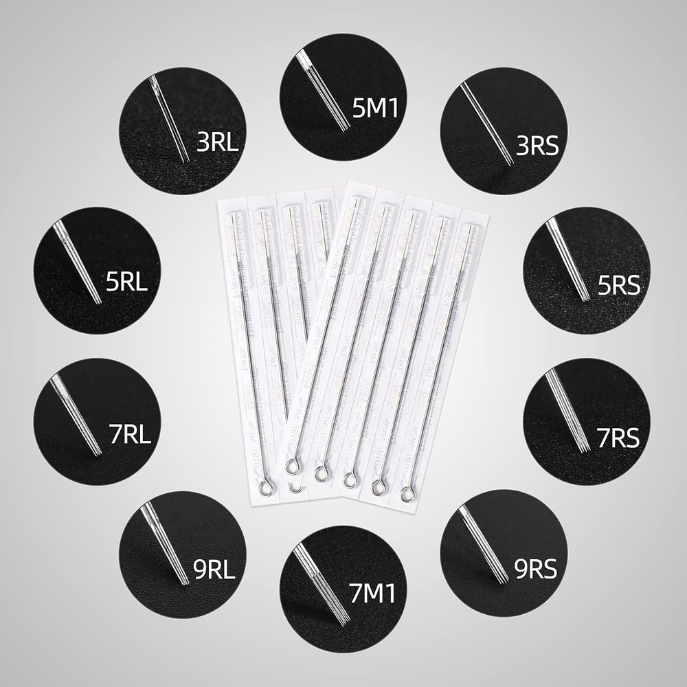 Tattoo Needles and Tips #12 Standard Mixed RL+RS+M1, Assorted, Blue, Silver