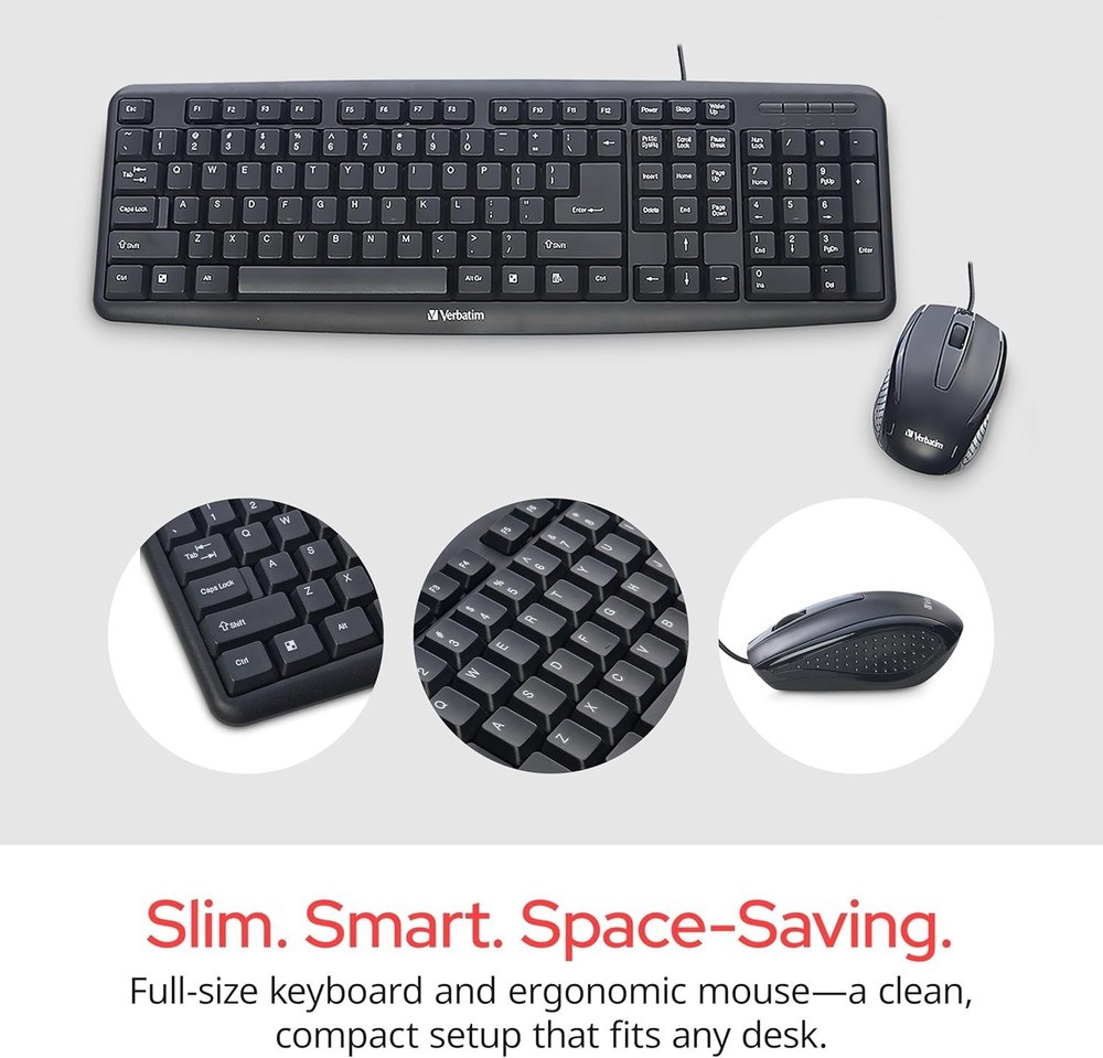 Comfortable Wired Keyboard with Adjustable Legs & Ambidextrous Mouse - Black