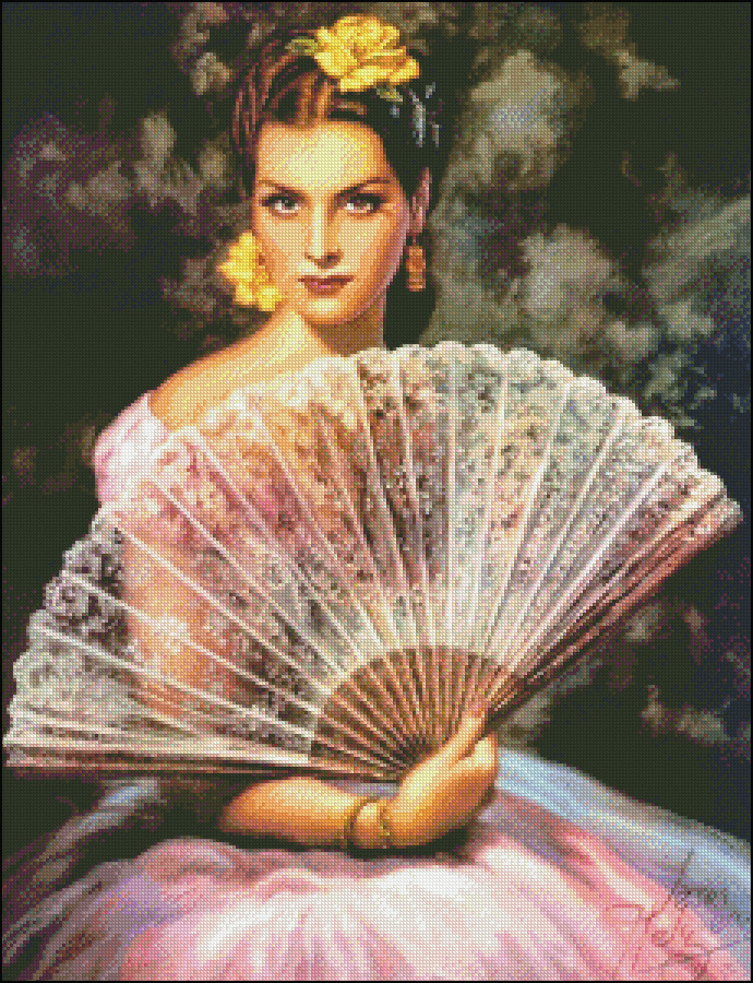 A Lady with a Big Fan - DIY Chart Counted Cross Stitch Patterns Needlework DMC
