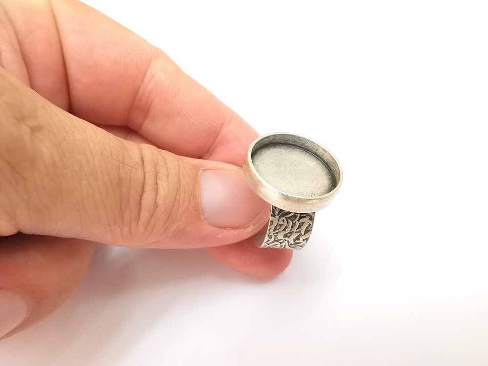 Round Antique Silver Ring Blank Setting, Cabochon Mounting Adjustable Resin Ring