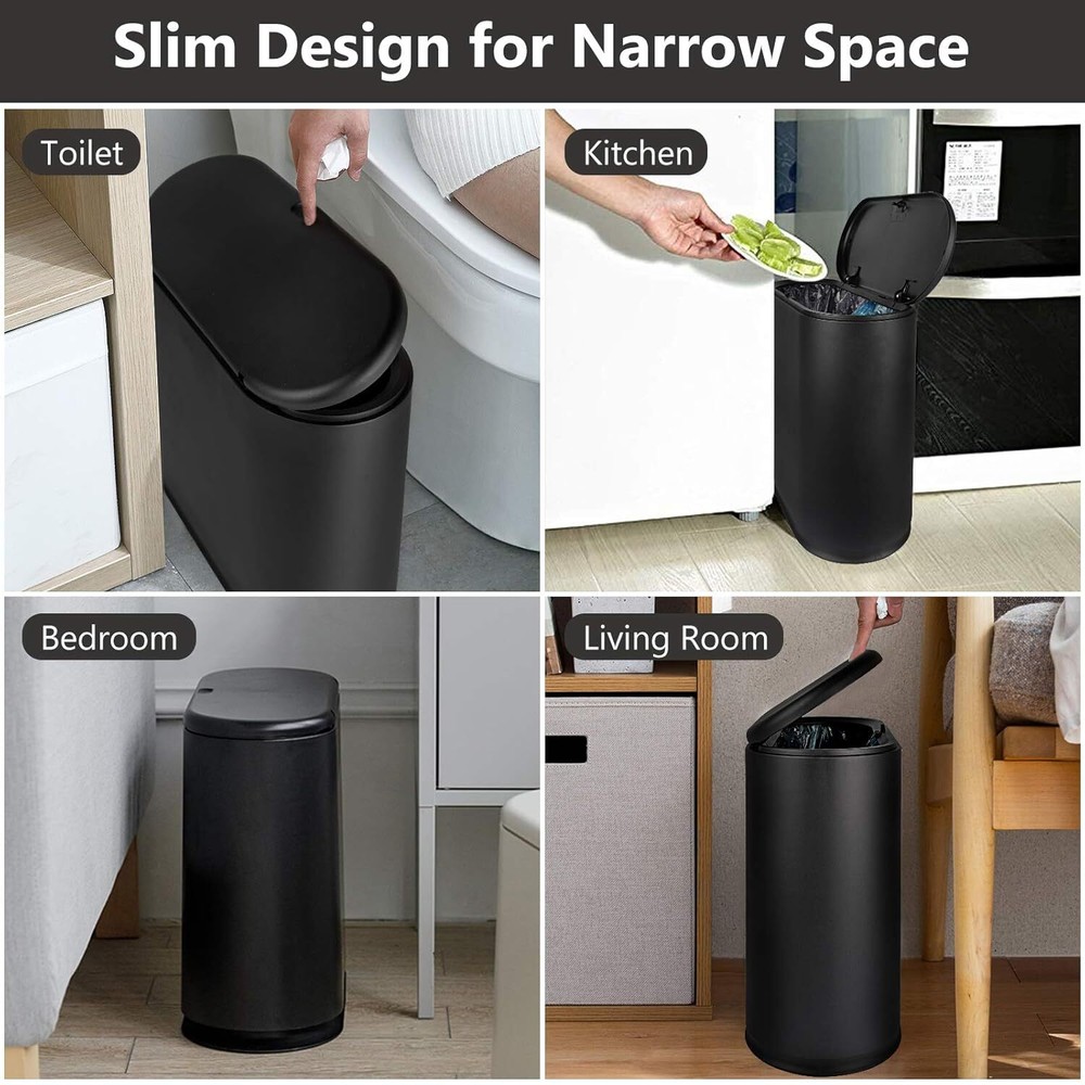 Trash Can, 10 Liter / 2.4 Gallon Plastic Slim Garbage Container Bin Black