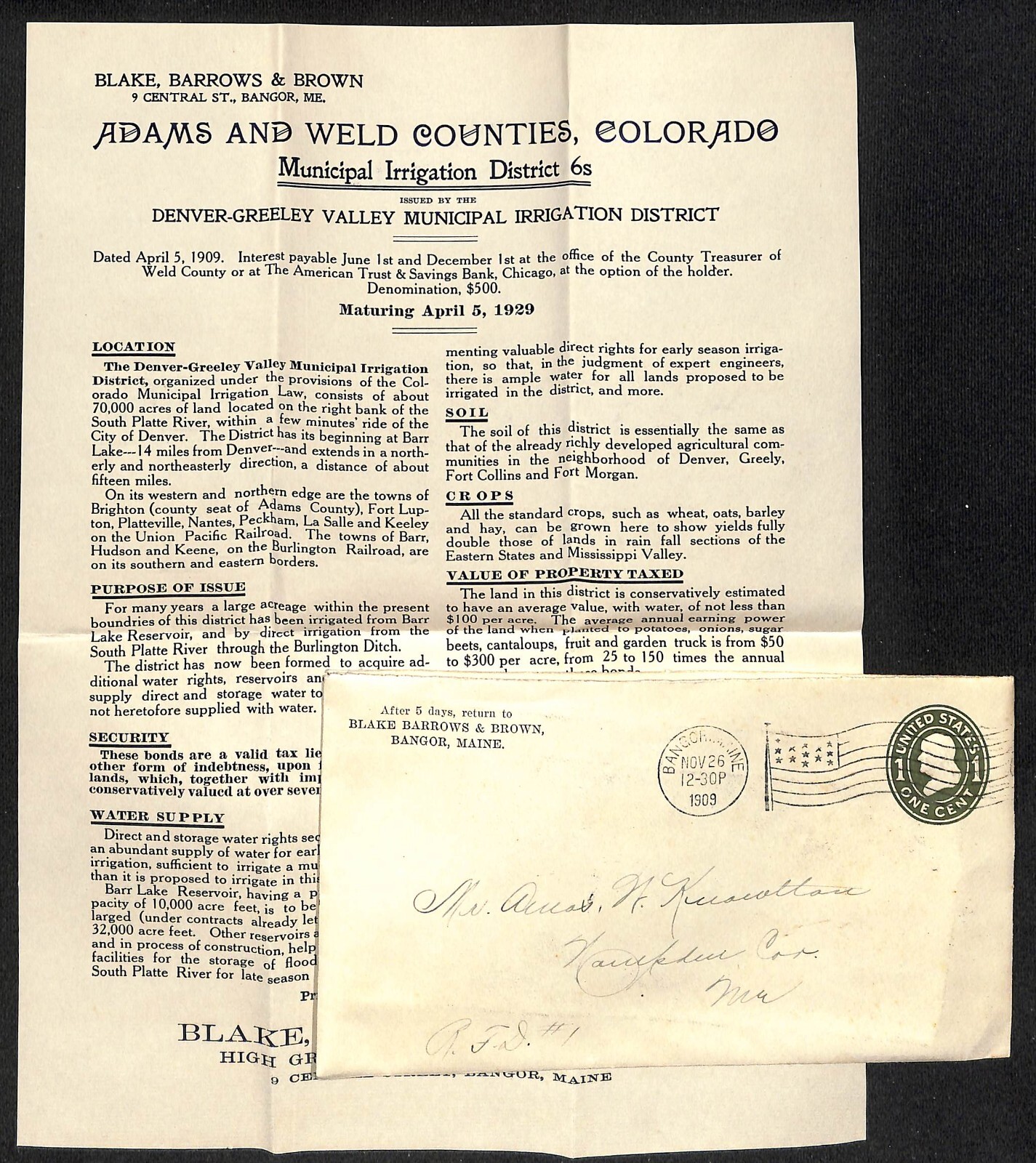 Blake, Barrows & Brown Adams & Wells Counties re: Irrigation Bond 1910 Knowlton*