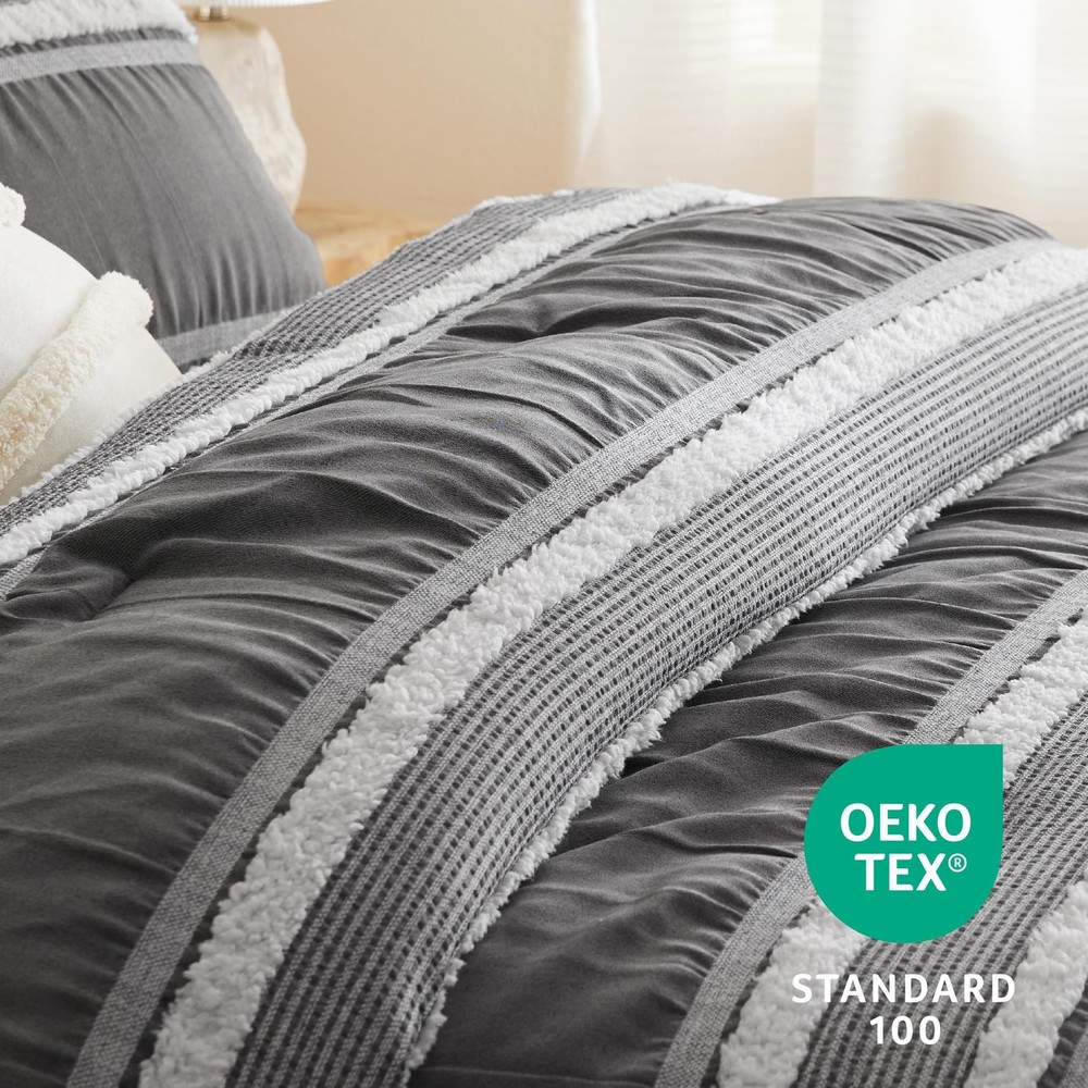 Bedsure Boho Comforter Set Queen - Dark Grey Jacquard Bedding Comforter Set, 3 P