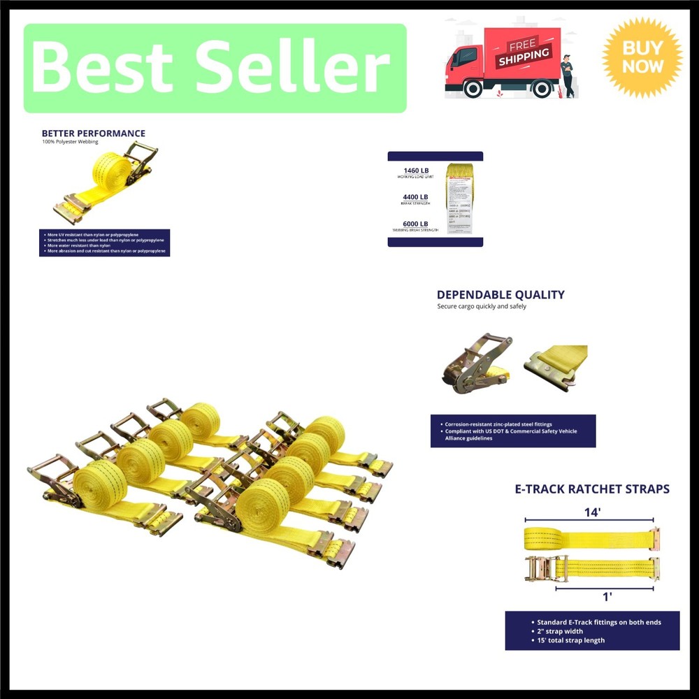 Durable 8 Pack Nylon 2" x 15' E-Track Ratchet Straps - Quick Release & Secure