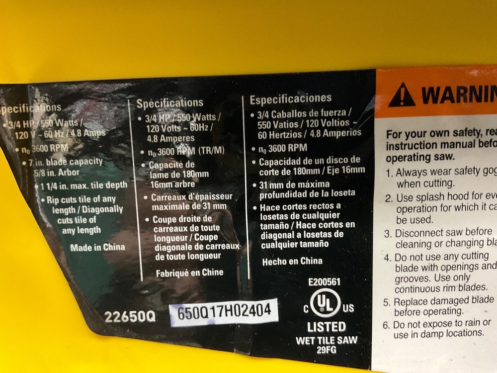 QEP 7" Professional Tile Saw Model 22650Q
