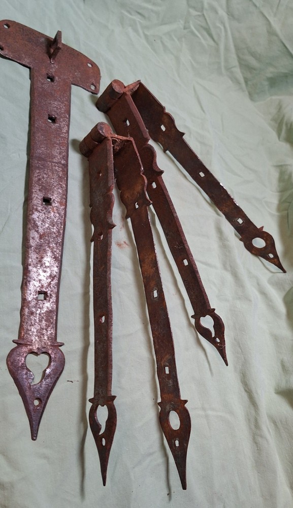 Rare Antq. Rusty Wrought Iron Decorative Strap Hinges &Hand Forged Square Nails