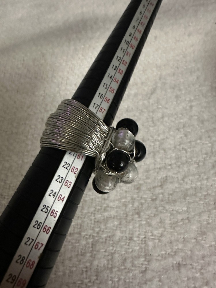 Black Bead & Silver Foil Clear Bead Wire Wrapped Statement Ring Size 9