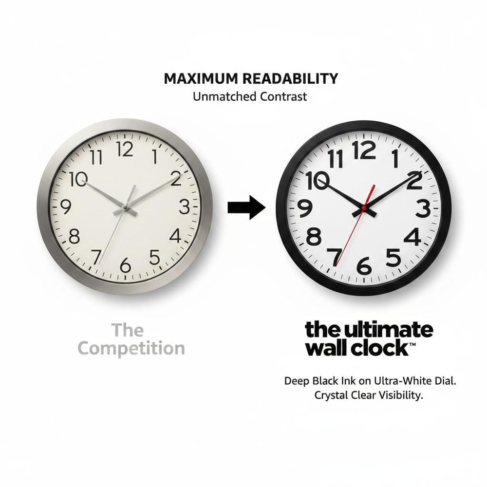 Ultimate Wall Clock | 10 Inch | Silent | Round | Quartz | Black | Kitchen | O...