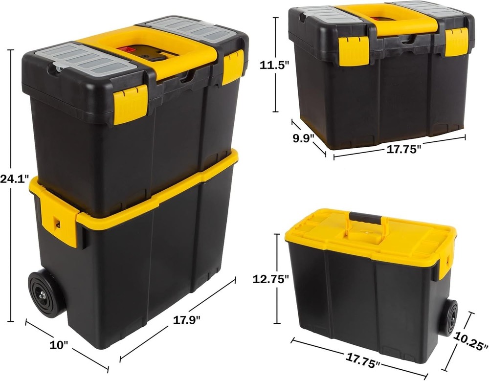 2-in-1 Portable Tool Box with Wheels Stackable Tool Chest Removable Tray