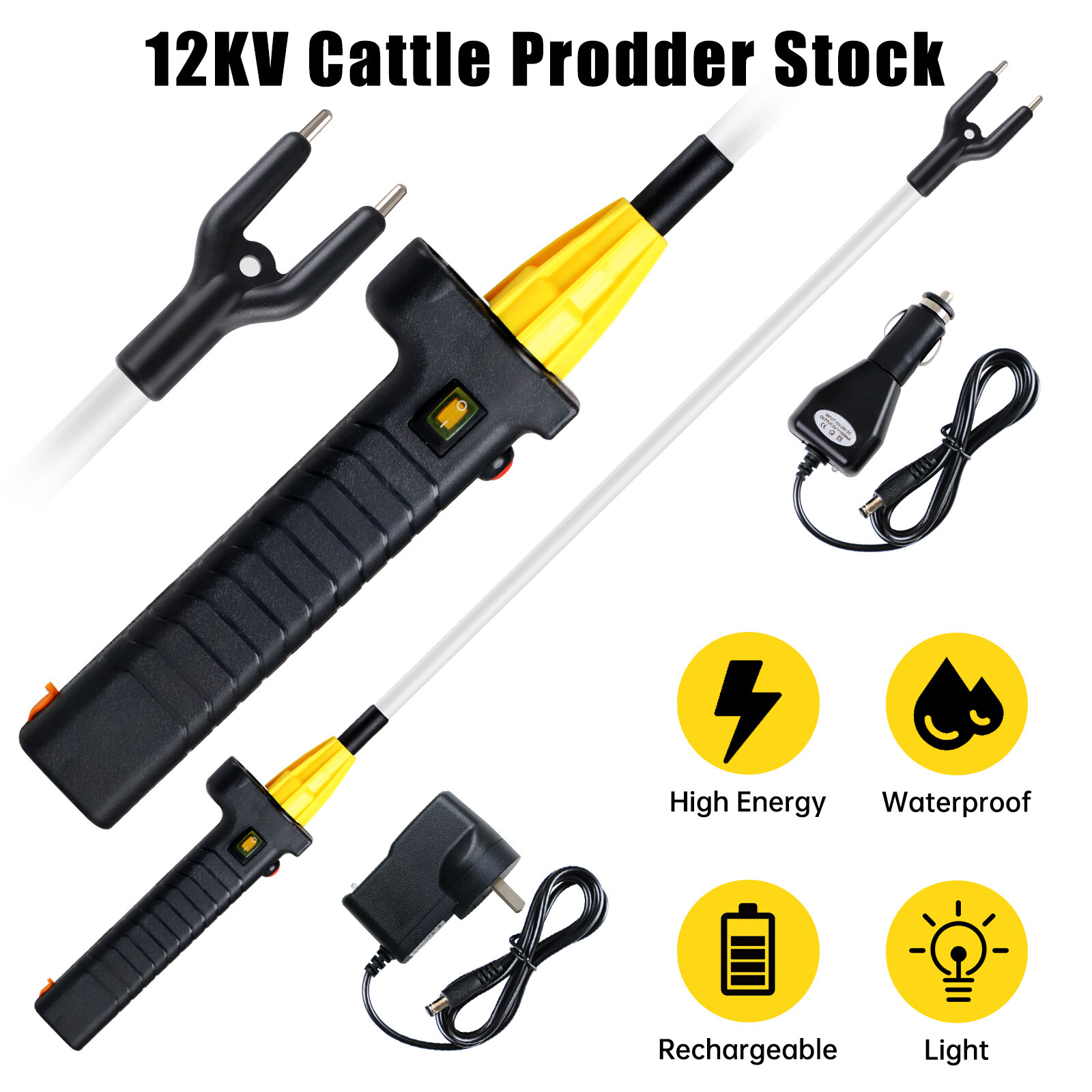 12KV Cattle Prodder Stock Prod Rechargeable Electric Shock Livestock Cow Farm