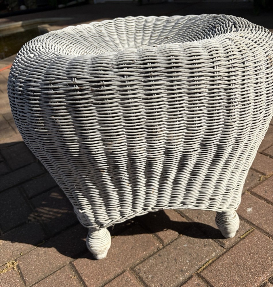 Vintage Victorian Boho White Wicker Ottoman Stool