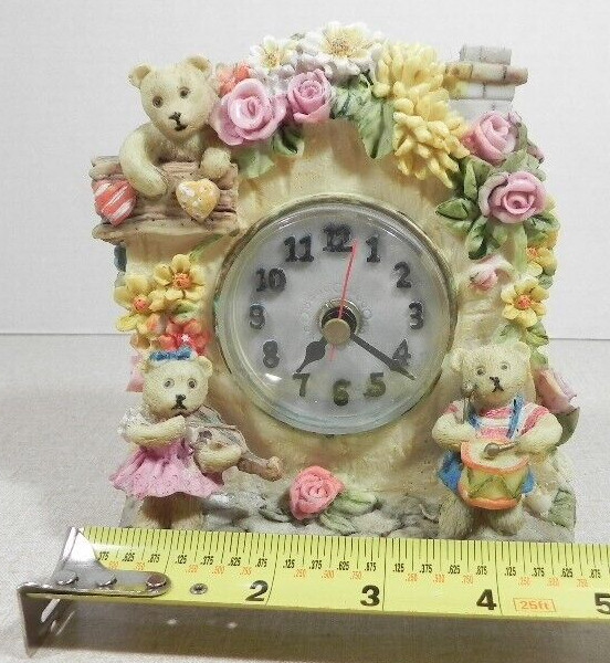 Clock Vintage Resin Floral Bear Figurine Clock