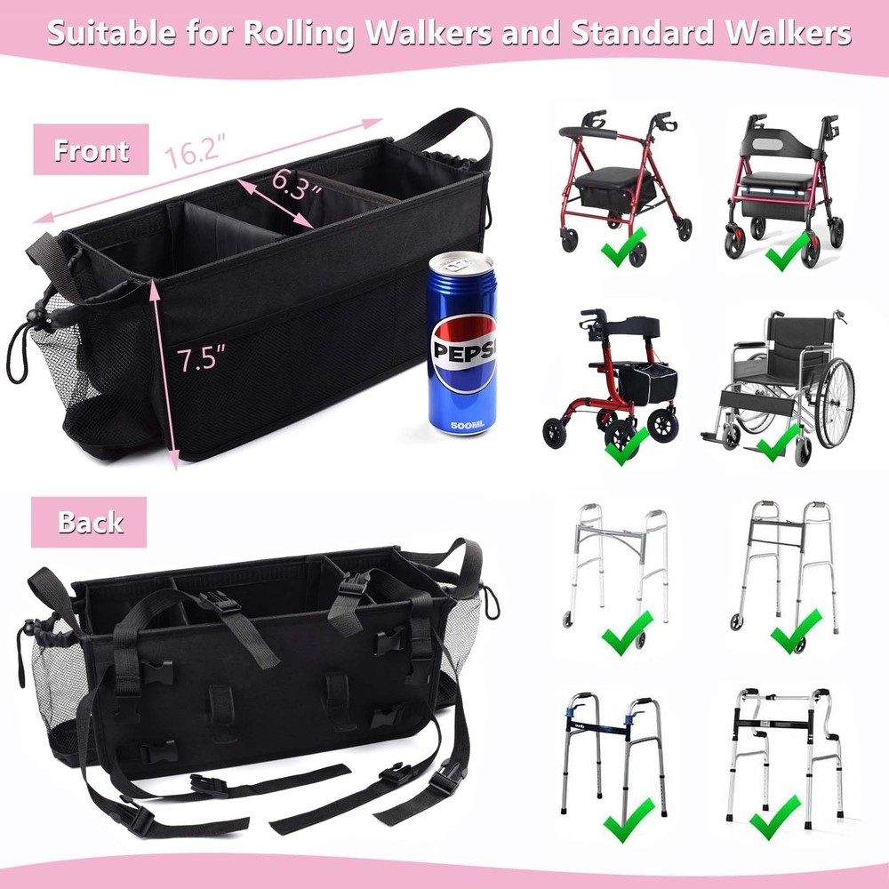 Upgraded Rollator Basket Foldable Rollator Walker Storage Bag with Cup Holder...
