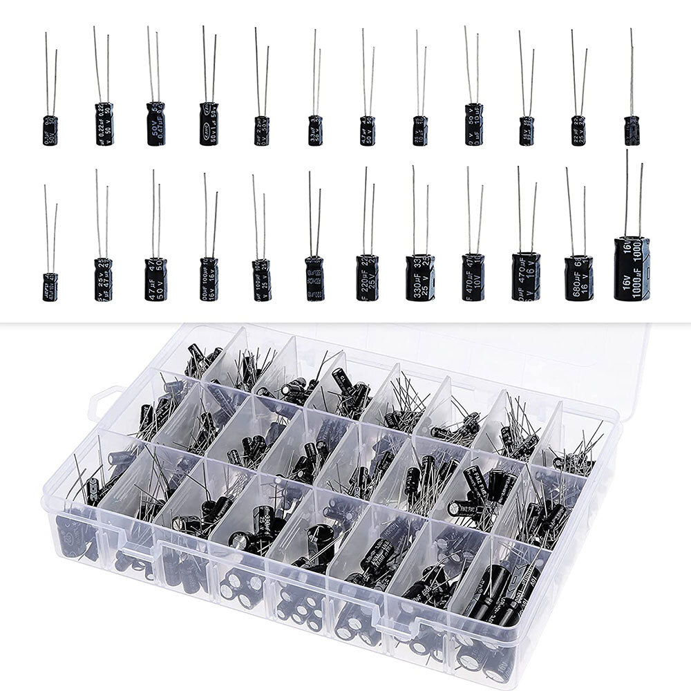 500pc Radial Electrolytic Capacitor Assortment Kit 24 Value 0.1uF-1000uF 10V-50V