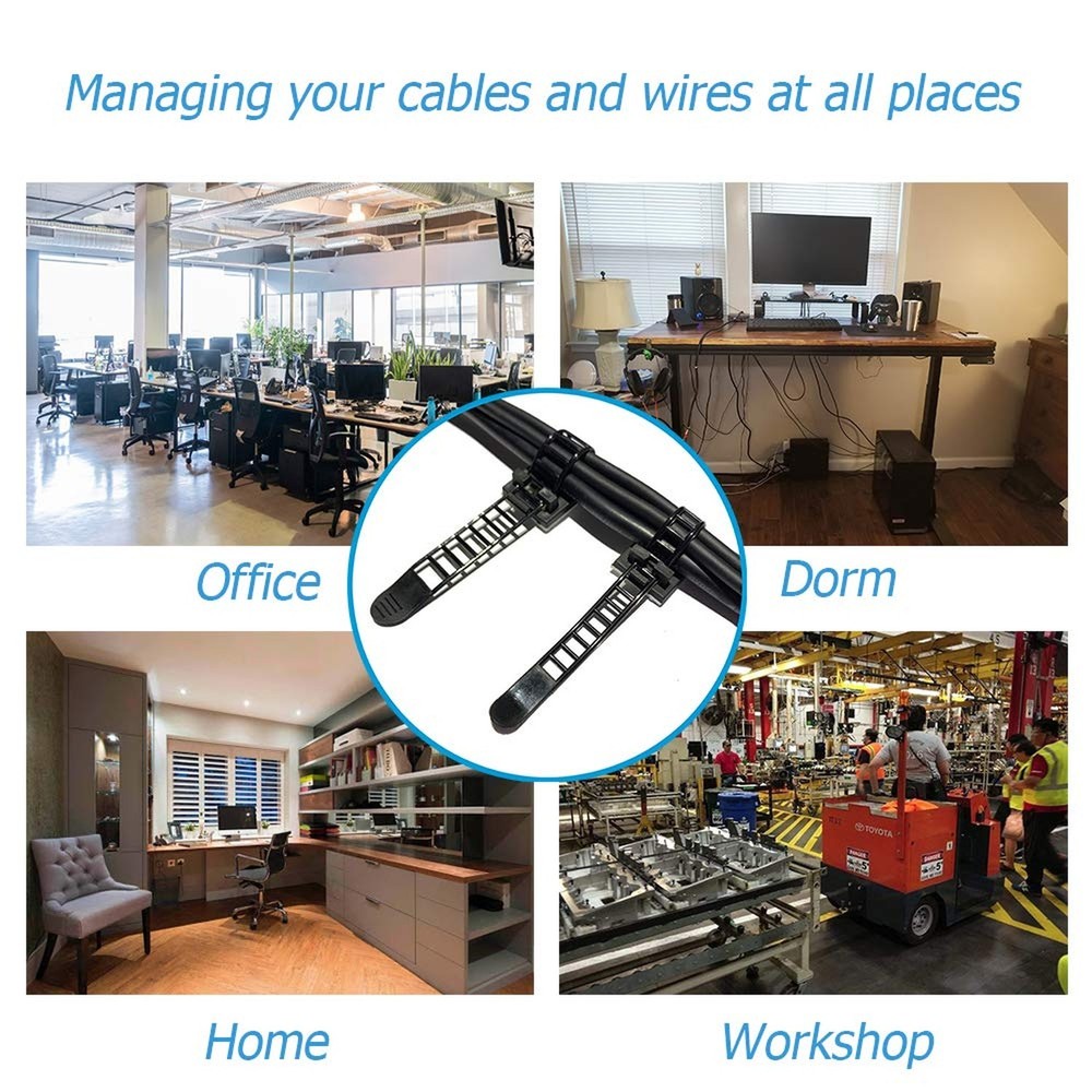 50pcs 2 Sizes Adjustable Adhesive Cable Ties Cable Clips Wire Strap Cord Clam...