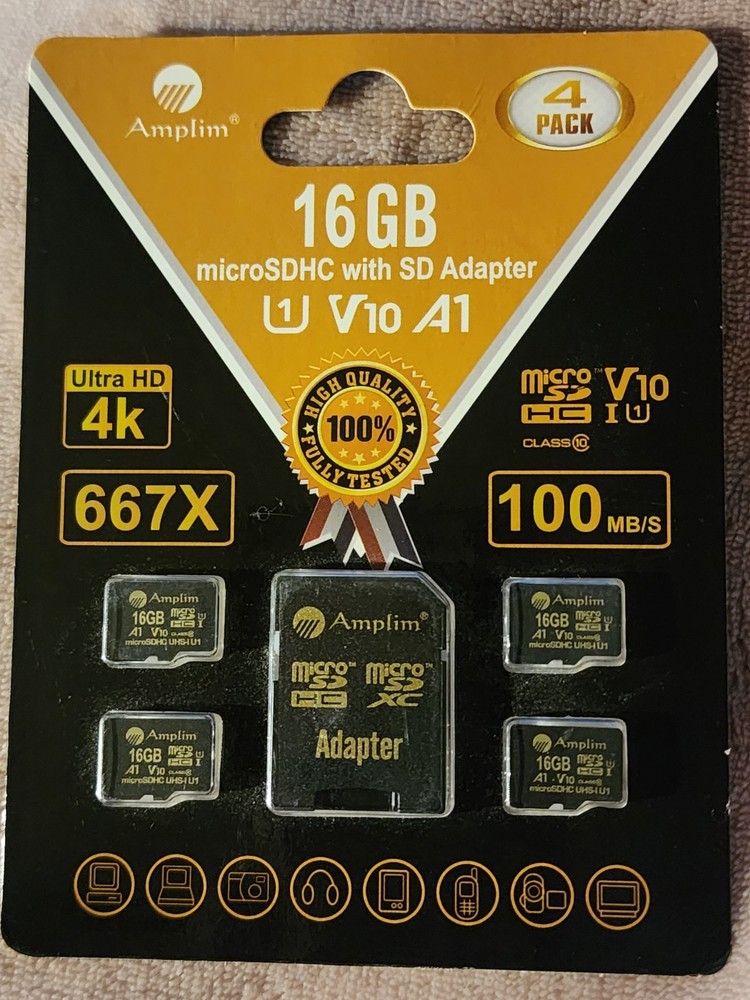 AMPLIM 16GB MicroSDHC with SD Adapter 4 Pack