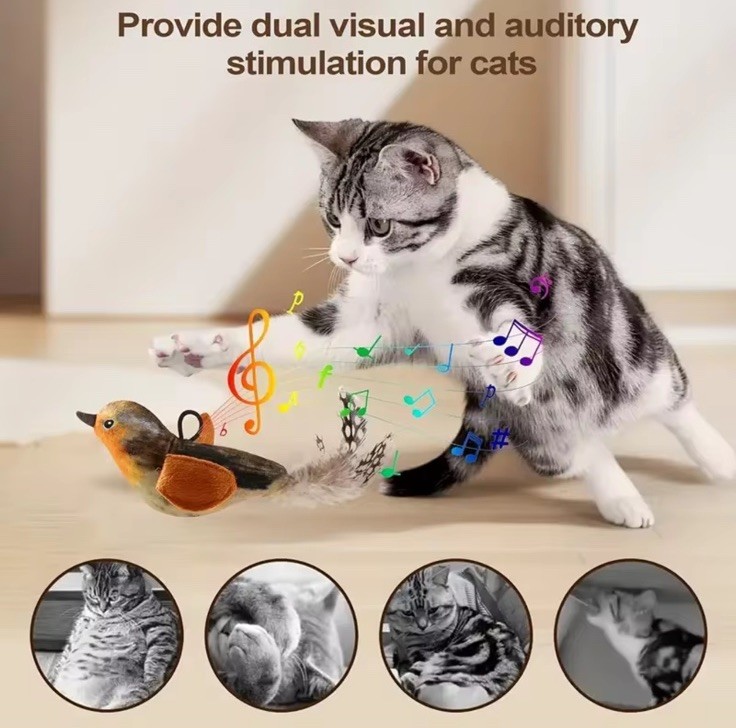 Interactive Flapping Bird Cat Toy Plush Sparrow, Chirping, Detachable, Hangable