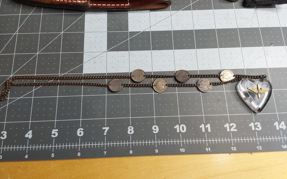 WWII GI Souvenir Necklace Lucite Heart Pendant w British 3 Pence Pieces Air Corp