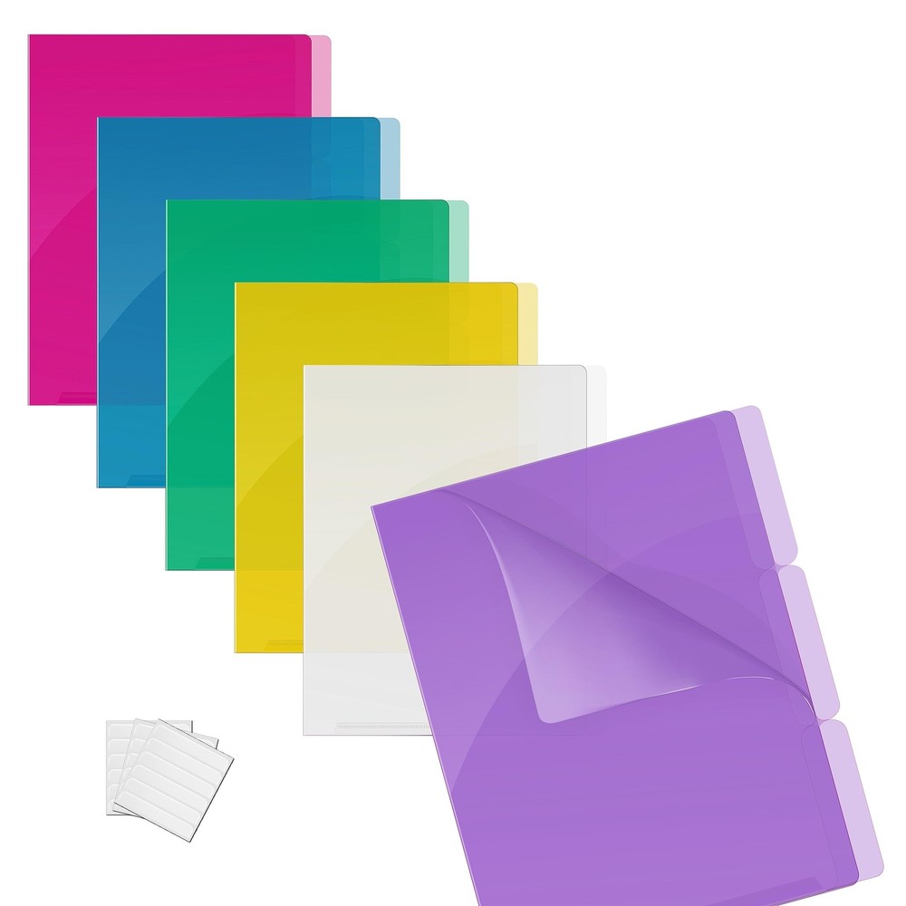 18 Pack Poly Project Document Pockets 1/3 Cut Tabs 6 Translucent Colors