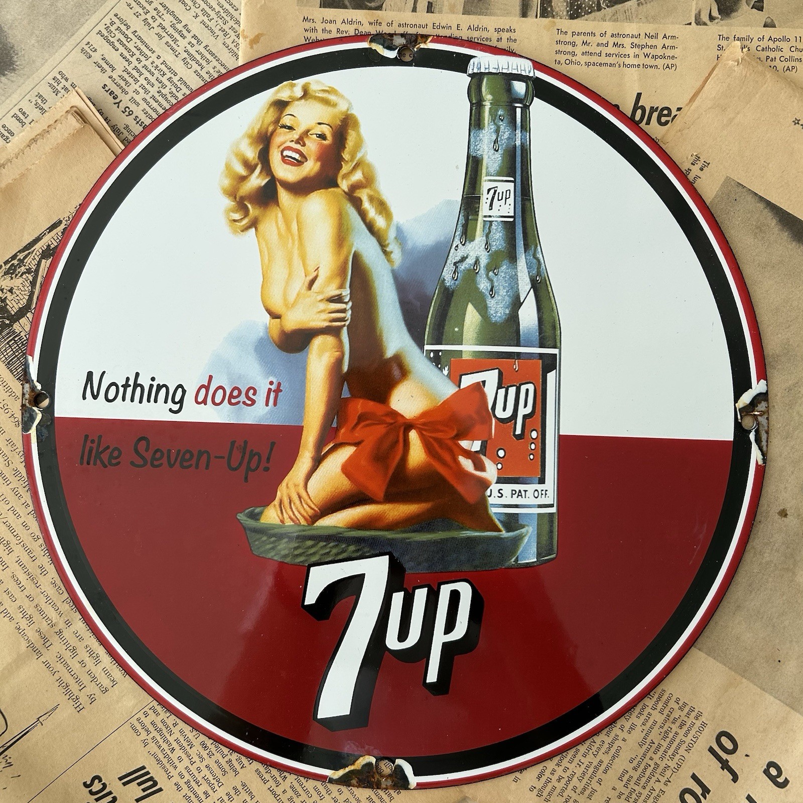 Vintage 7UP Soda Pin-Up Advertisement 12-Inch Porcelain Sign