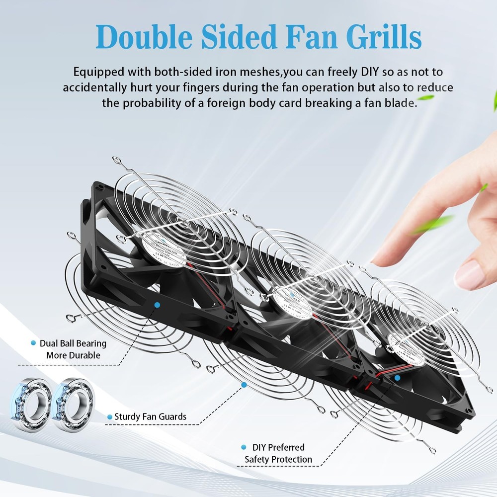 3X120mm Computer Fans with AC Plug & Speed Controller - 12V DC Cooling 3x120mm