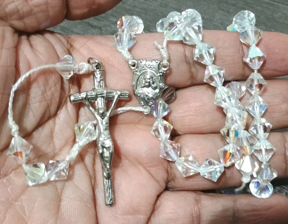 Rosary AB Faceted Crystal White Cord Rosary Jesus Religious Read Description