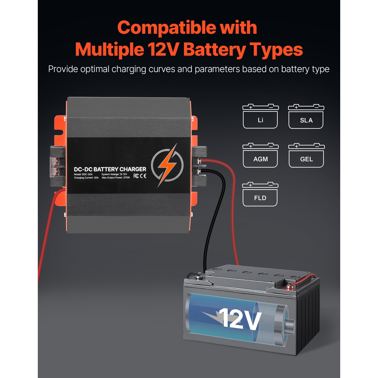 12V 30A DC to DC Charger Battery Charger 375W for Lead-Acid and Lithium AGM GEL