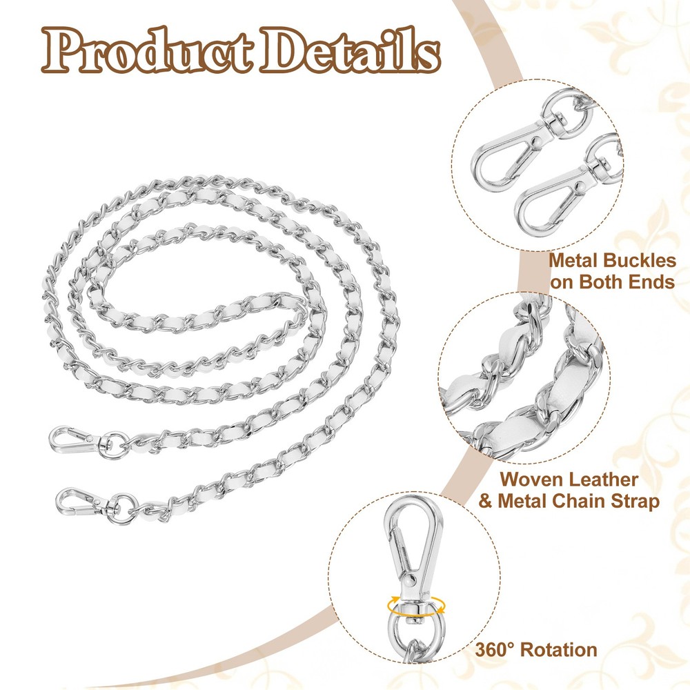 Purse Chain Strap, 47.2" Woven Strap Chains with Extended Chain, Silver/White