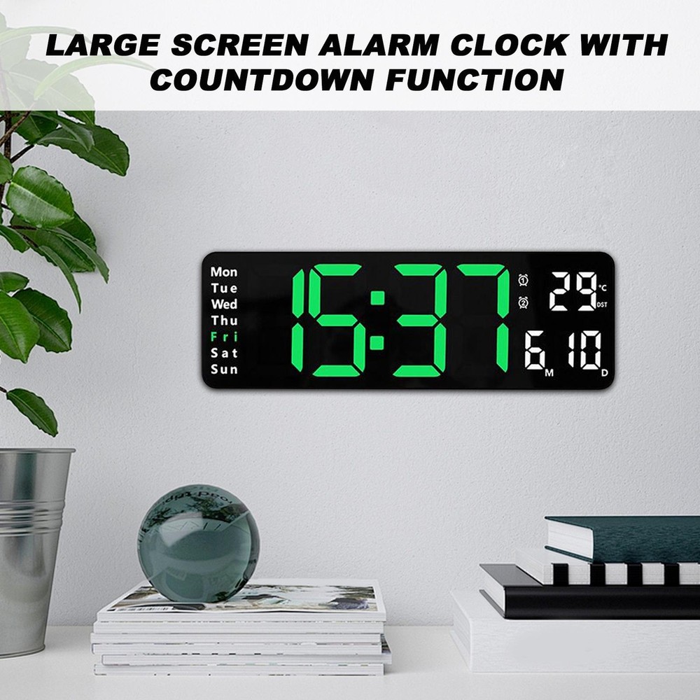 12.6" Digital Wall Clock with Countdown Timer, Week, Date, Temperature, Time