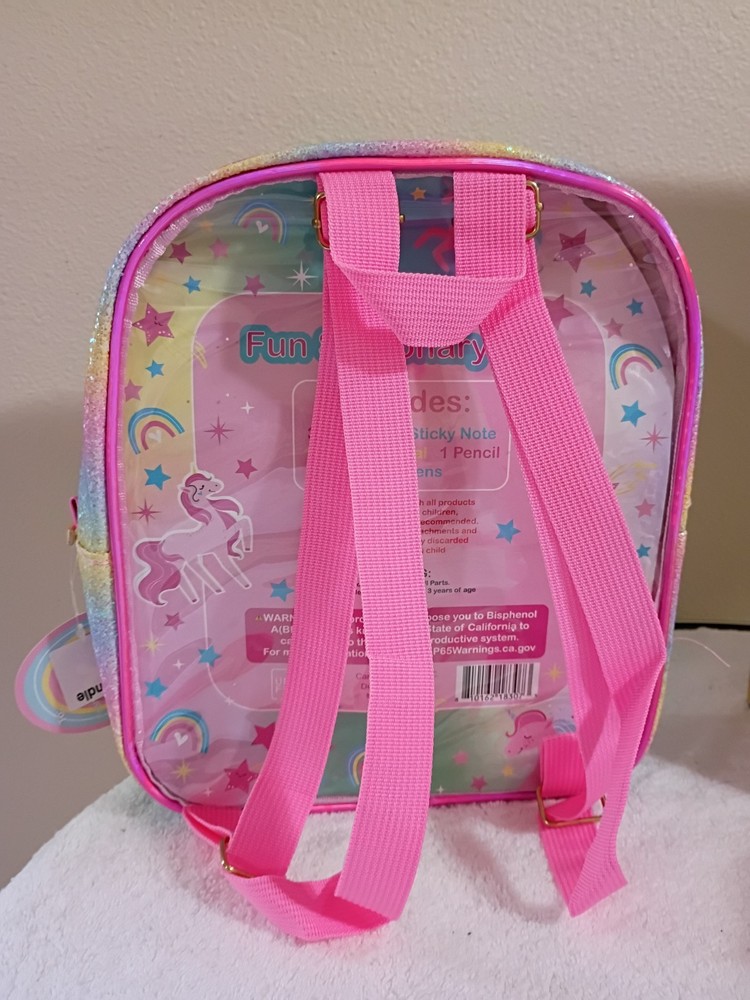 Unicorn Rainbow Glitter Backpack with Notebook, Sticky Notes, Pen, Pencil