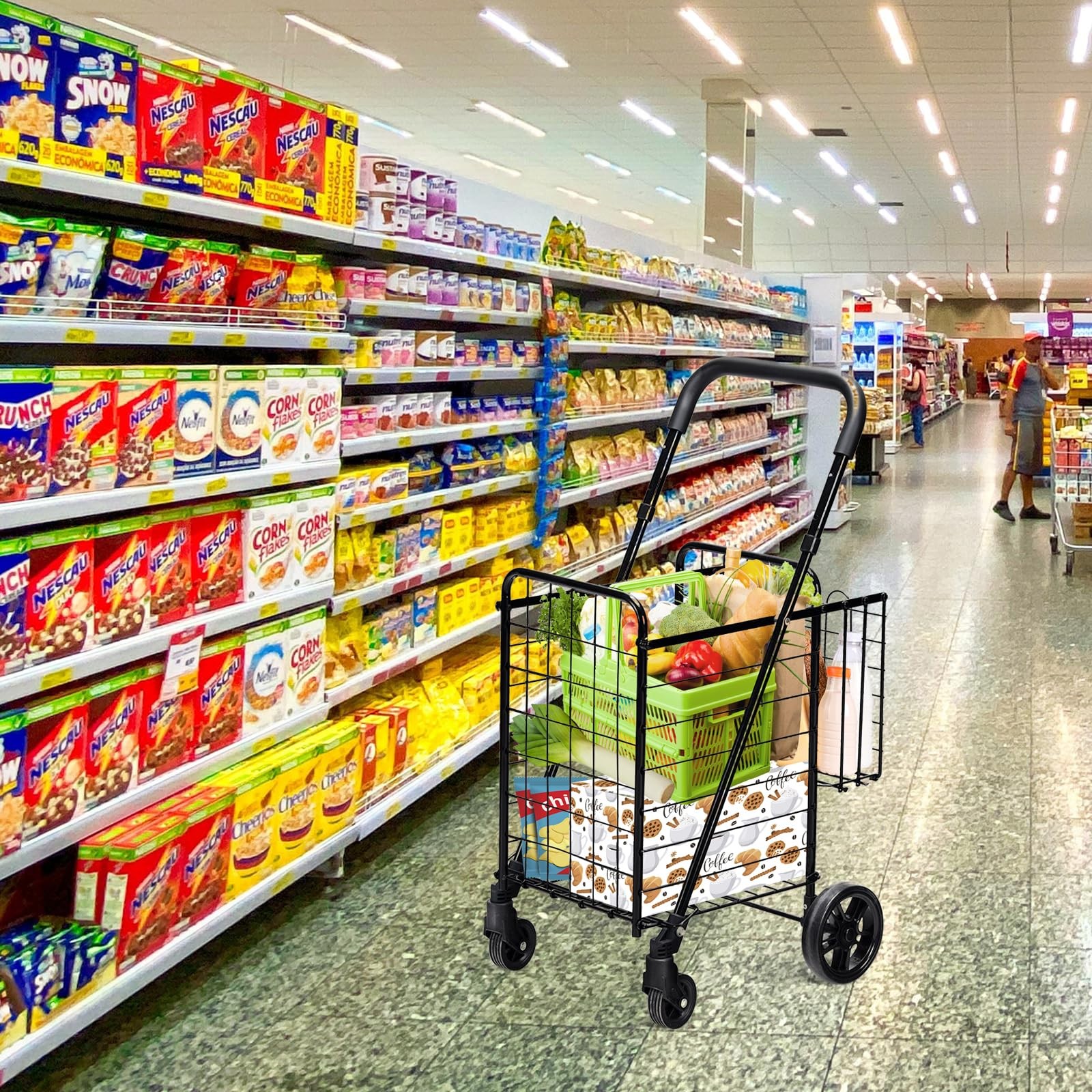 Foldable Heavy Duty Grocery Cart Adjustable Handle Extra Basket 360 Wheels