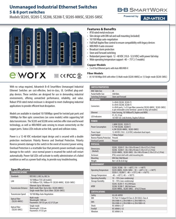 Advantech B+B SE205-SMSC eWork Unmanaged Network Ethernet Switch SE205SMSC
