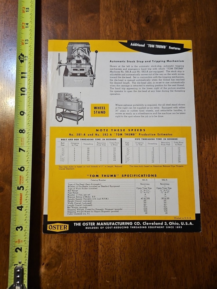 OSTER TOM THUMB PORTABLE BOLT THREADING MACHINE CATALOG CLEVELAND