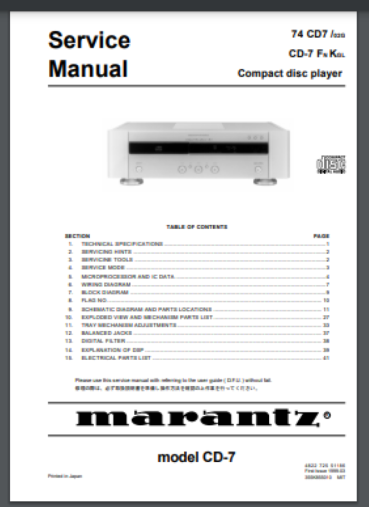 Marantz CD-7 74 CD7 CD Player Service Manual 34 Pages