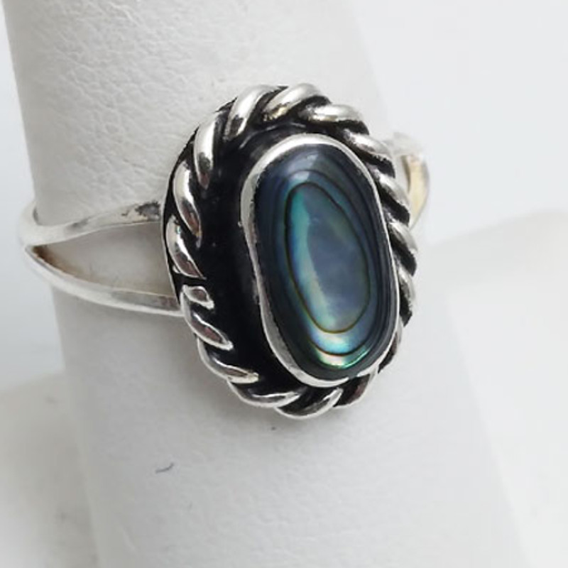 Blue Pacific Abalone Braided Oval Silver Ring Size 8.5