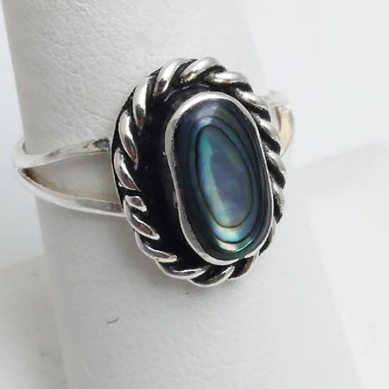 Blue Pacific Abalone Braided Oval Silver Ring Size 8.5