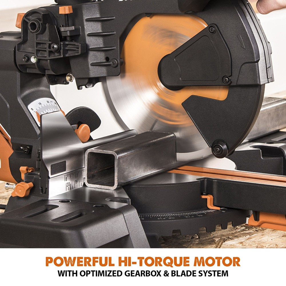 Evolution R255SMS-DB+: Dual Bevel Sliding Miter Saw With 10 in. Multi-Material C