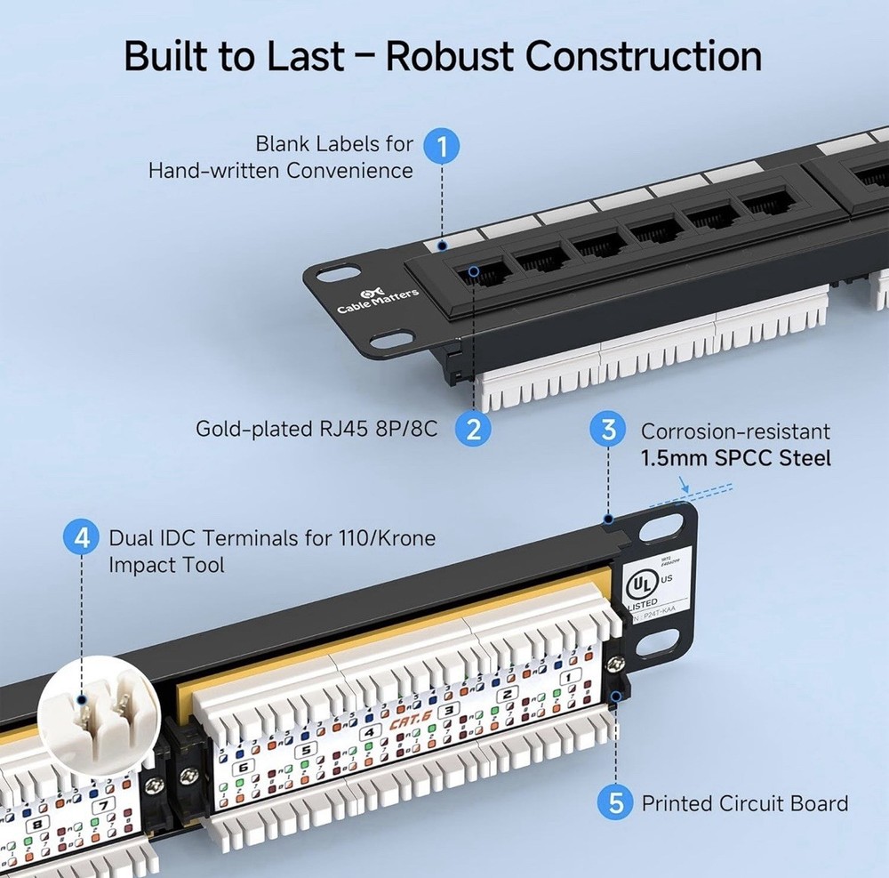 CABLE MATTERS P24T-KAA 24 PORT CAT6 PATCH PANEL RACKMOUNT