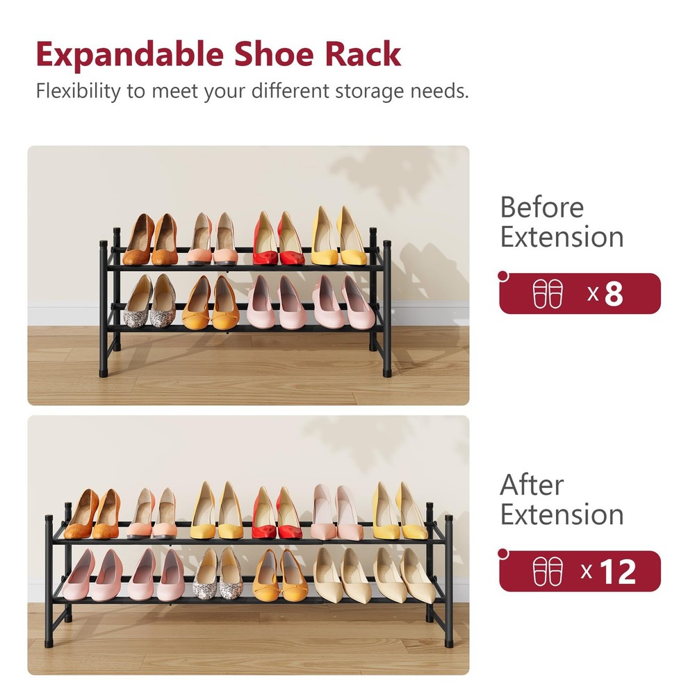 Expandable Shoe Rack for Closet 2 Tier, 28“-41“ Adjustable & Stackable Shoe S...