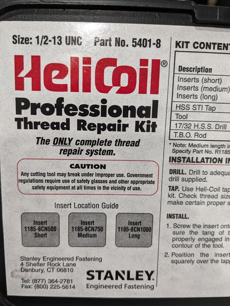 HELI-COIL Thread Repair Kit: Threaded Insert 5401-8 INCOMPLETE