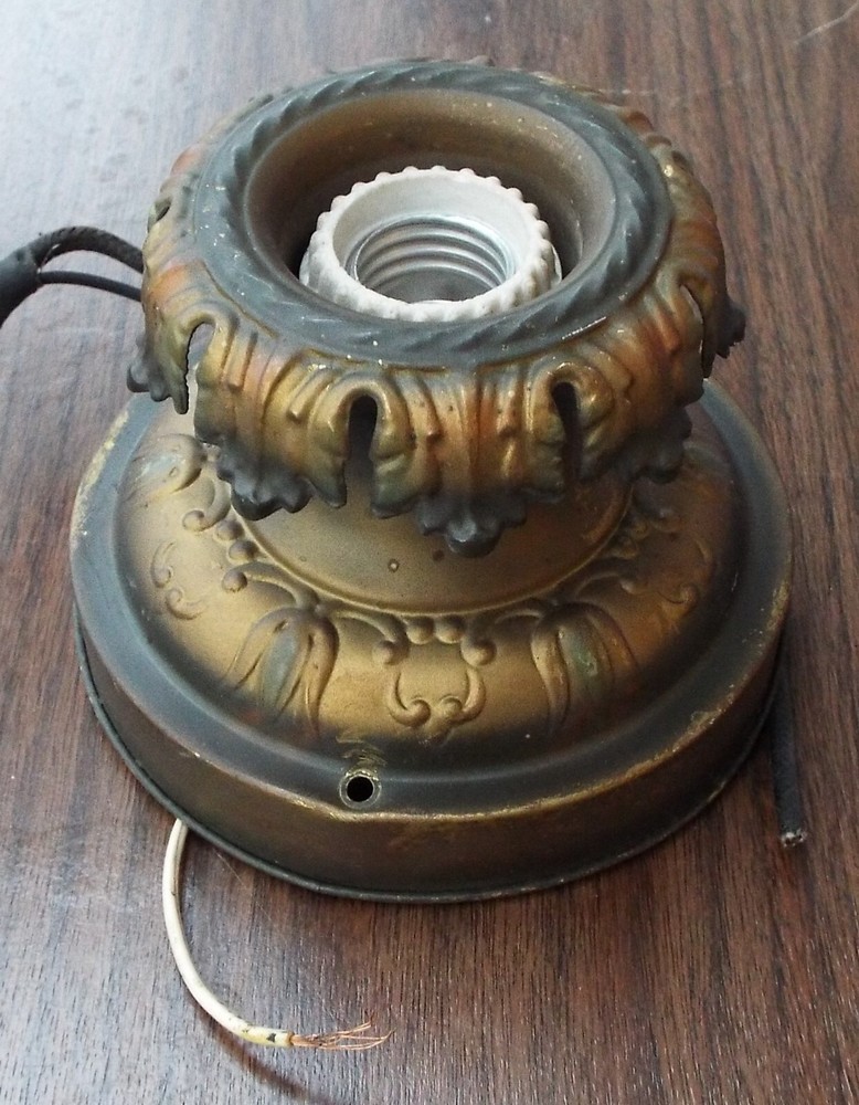 Antique Vintage Flush Mount Pressed Brass Ceiling Single Light Flame Collar