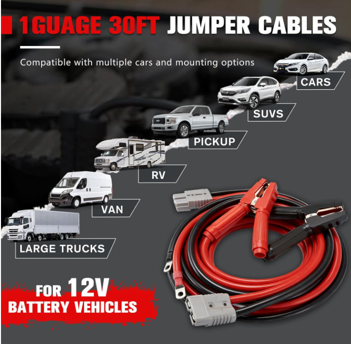 1 Gauge 30 FT Quick Connect Jumper Cables, 1000A Heavy Duty Booster Cables