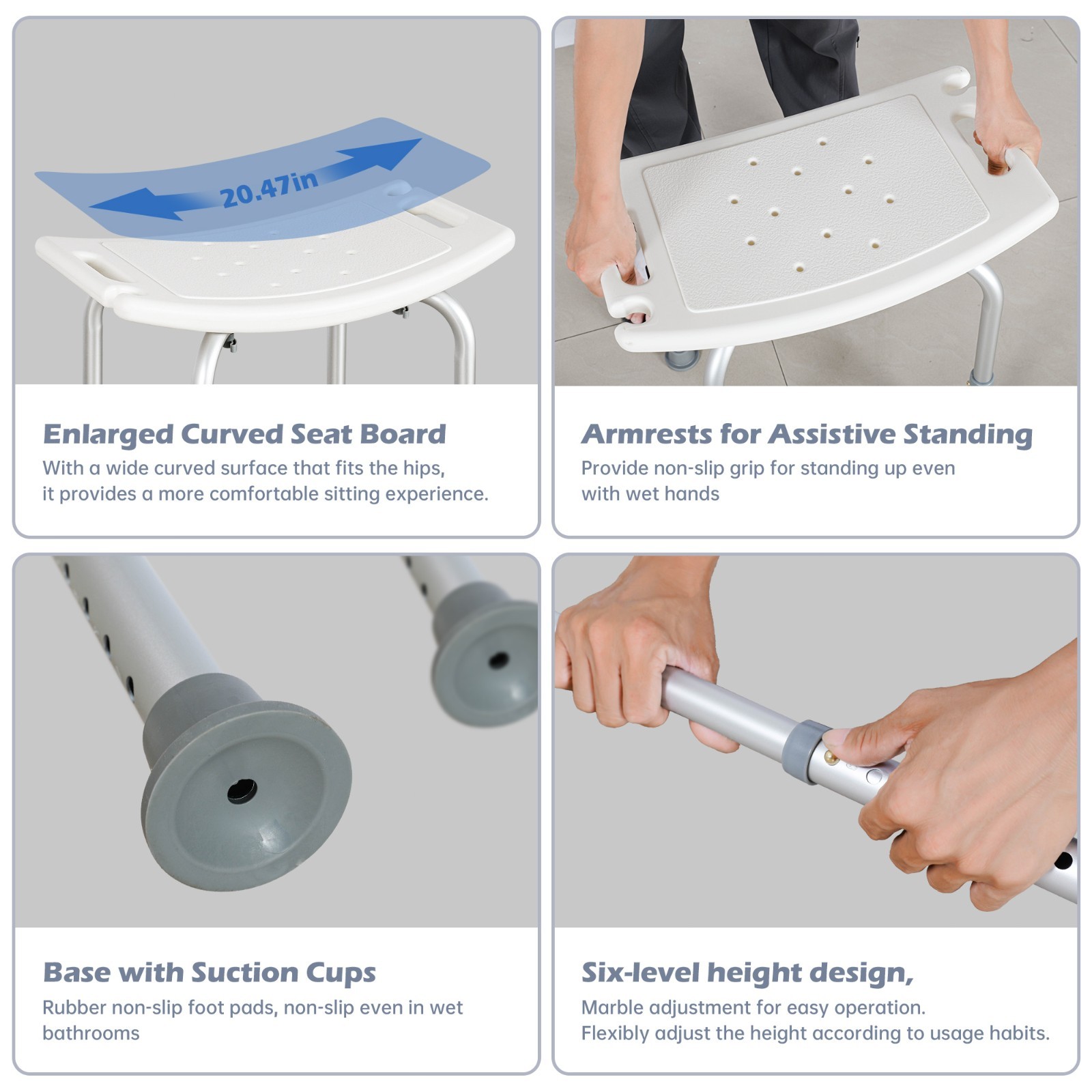 Adjustable Anti-Slip Shower Stool for Seniors, Armless Seat