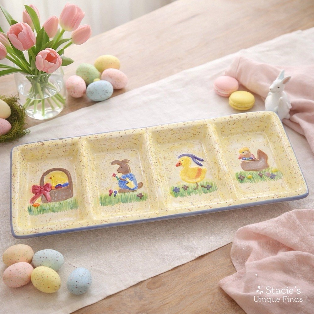 Vintage Easter Bunny Chick Divided Serving Tray 4 Section Spring Platter 17”