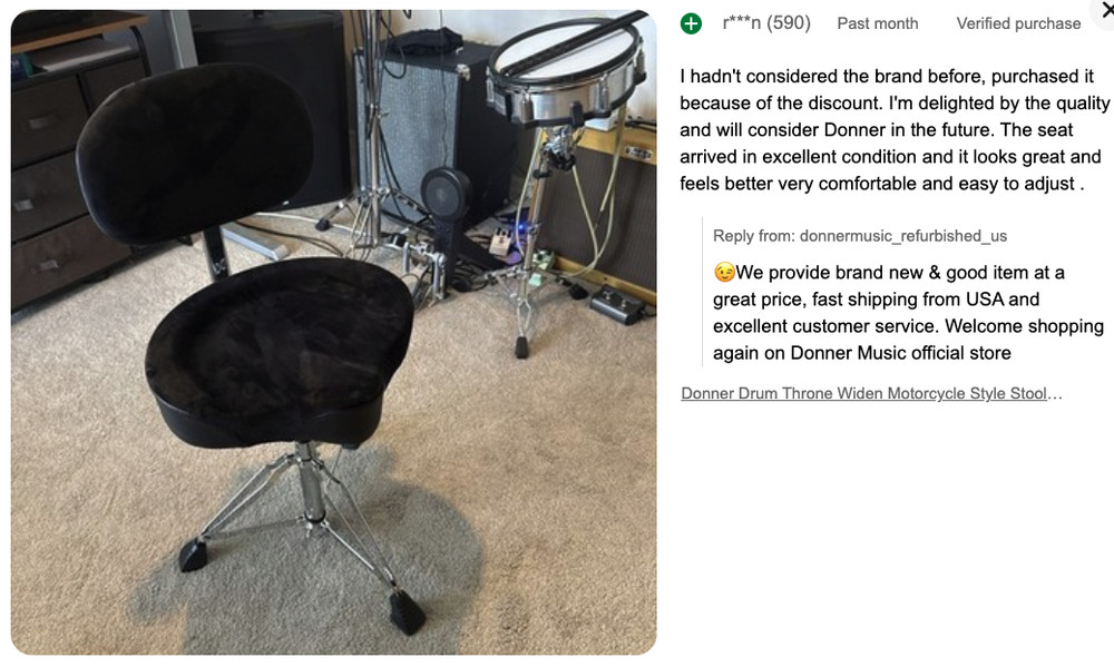 Donner DHT-250 Drum Throne With Backrest Motorcycle Style Stool Adjust Height